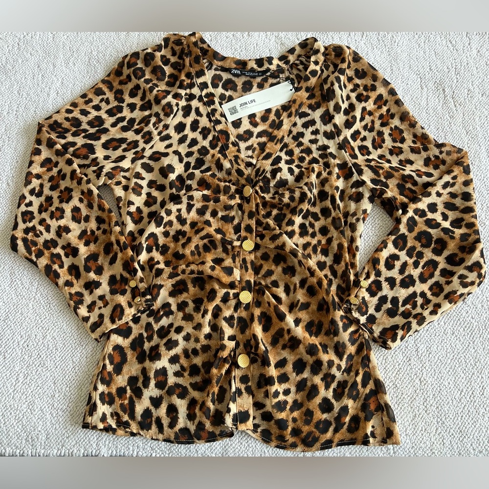 ZARA Shirt Top Blouse | Leopard Animal Print 🐆✨ Semi-Sheer | Size: XS - Picture 3 of 16